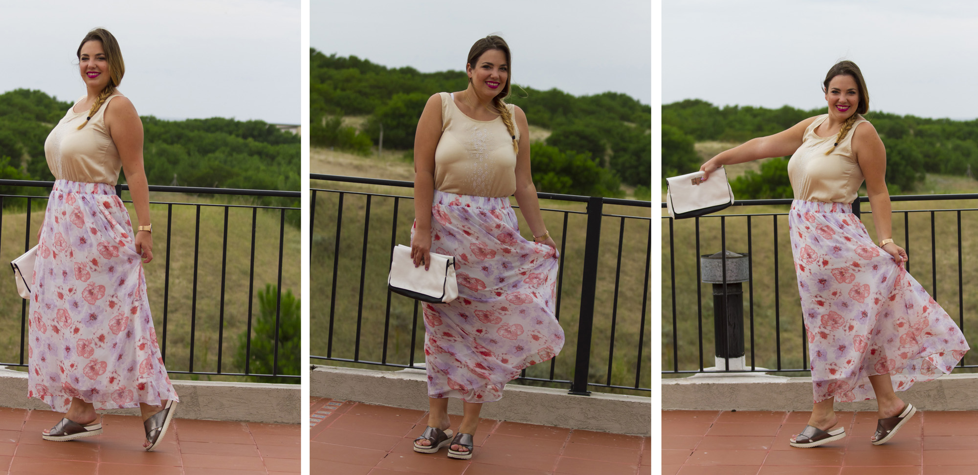 Mi look: maxifalda estampada, Zara. Top con strass, Ayres. Plataformas metálizadas, Zara. Reloj dorado con brillos, Michael Kors. Cartera blanca, Zara. En mis labios, Show Orchid de Mac.