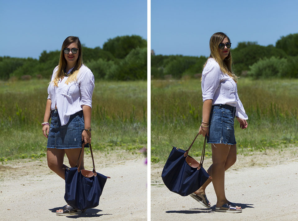 Mi look: Mini de jean, Gap. Camisa blanca, Jazmin Chebar. Cartera, Longchamp. Gafas, Infinit. Collar azul y dorado, Bershka. Pulseras, India Style y Rapsodia. Reloj, Fossil. Sandalias, Zara. Ojos: Powerpoint Eye Pencil in So There Jade, Mac. Labios: Vegas Volt, Mac.